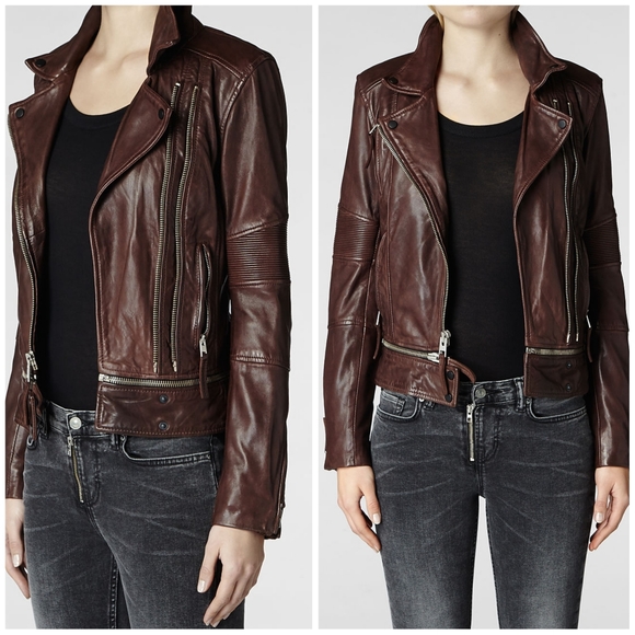 All Saints Leather Jacket Moto Biker Brown xs - Picture 3 of 15